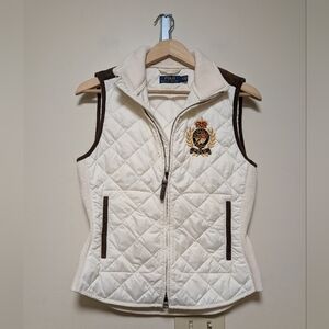 Polo Ralph Lauren Quilted Crest Vest Ivory Leather Trim Women’s Small